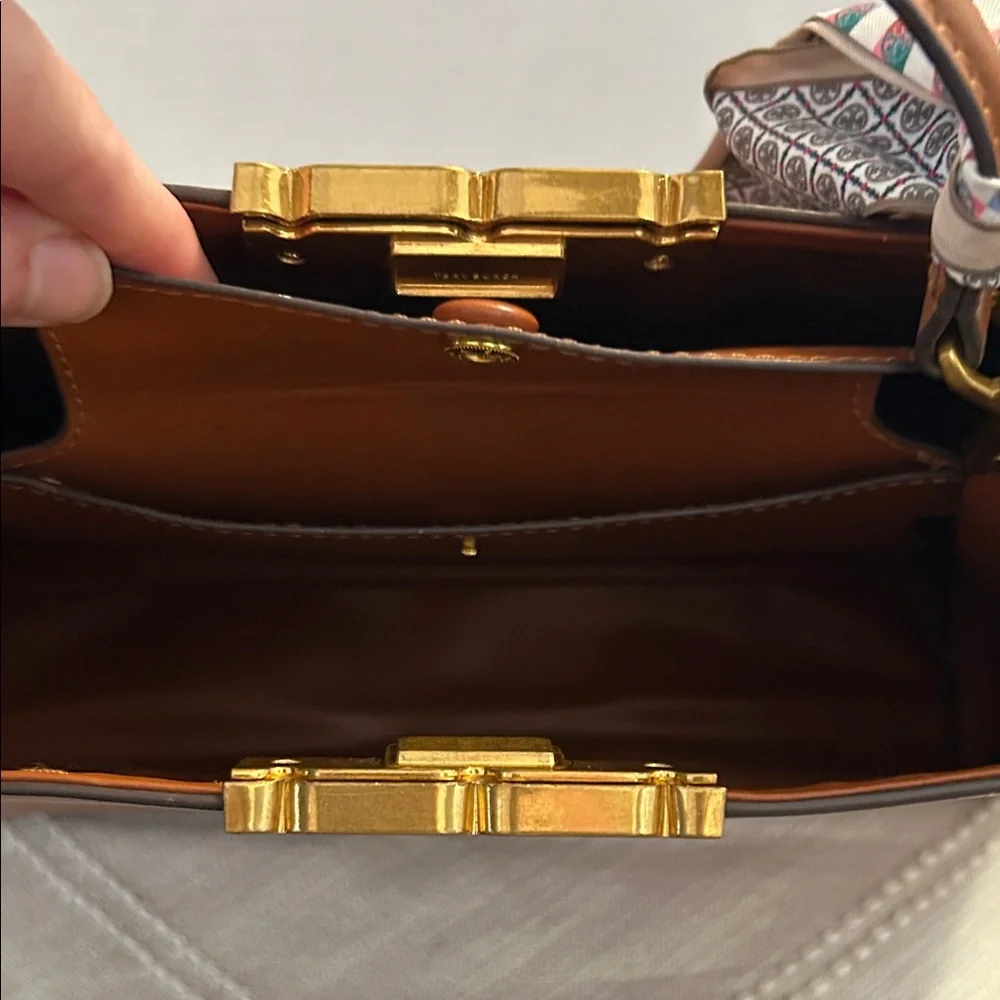 Tory Burch $700 Tan Eleanor Spazoletto Satchel with Gold Logo and Ribbon